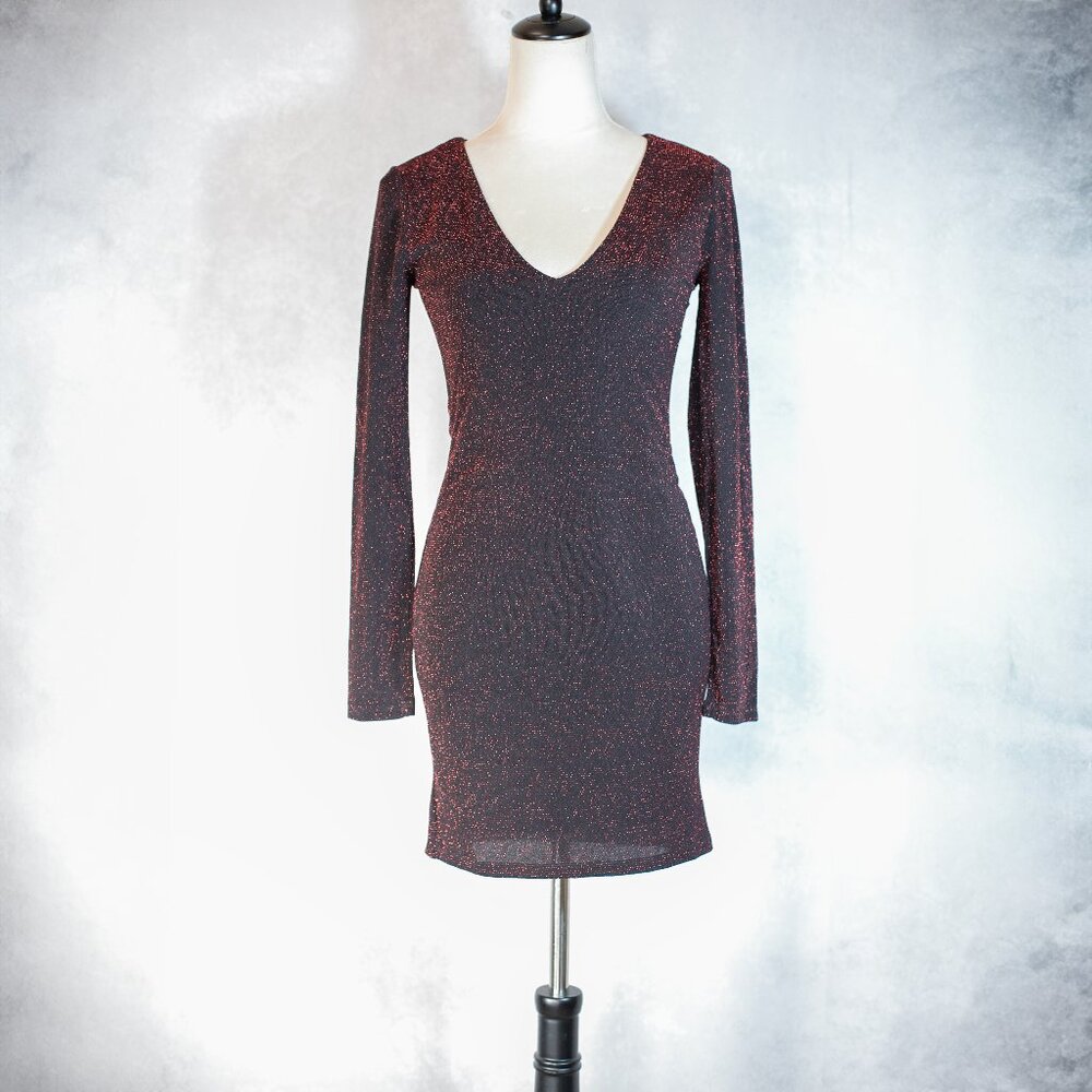 NWT Forever 21 Women's Glitter Knit Mini Bodycon Dress Red Black Size S